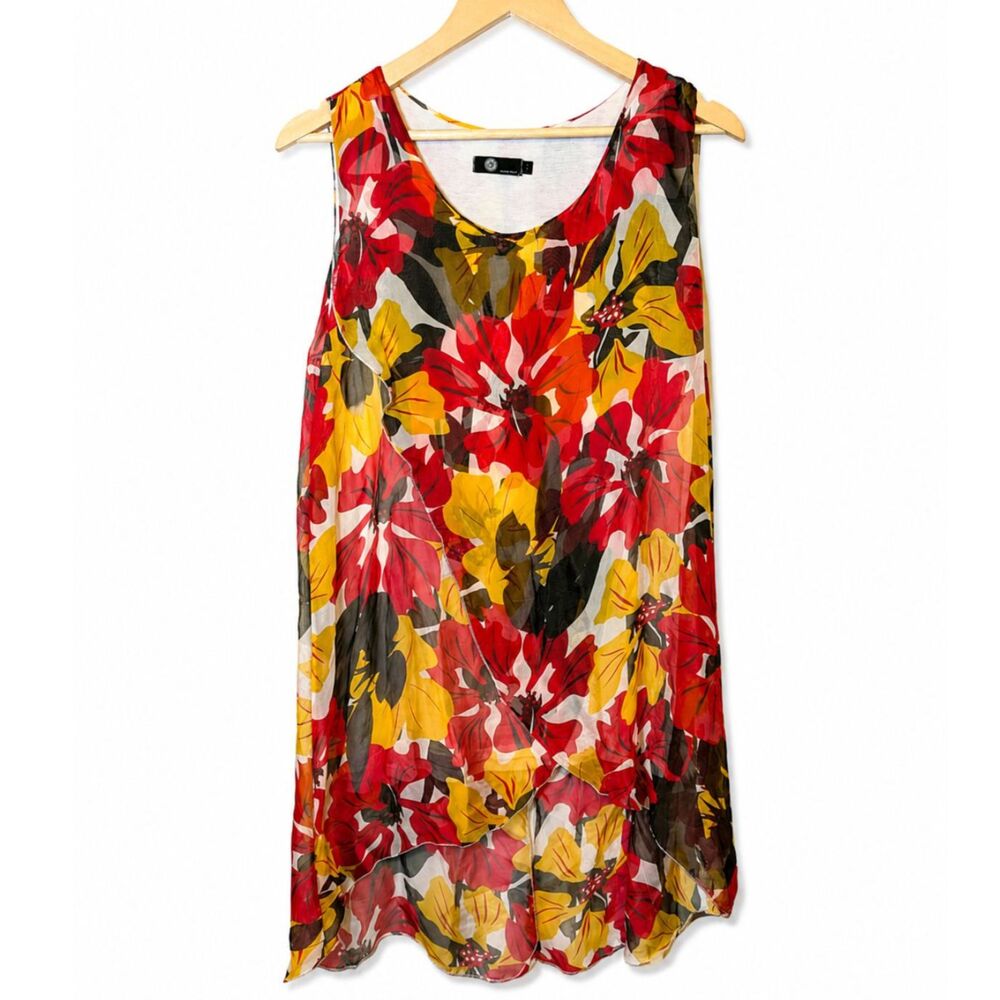 Made in Italy Floral Silk Blend Layered Tunic Top Red Yellow Size Large
